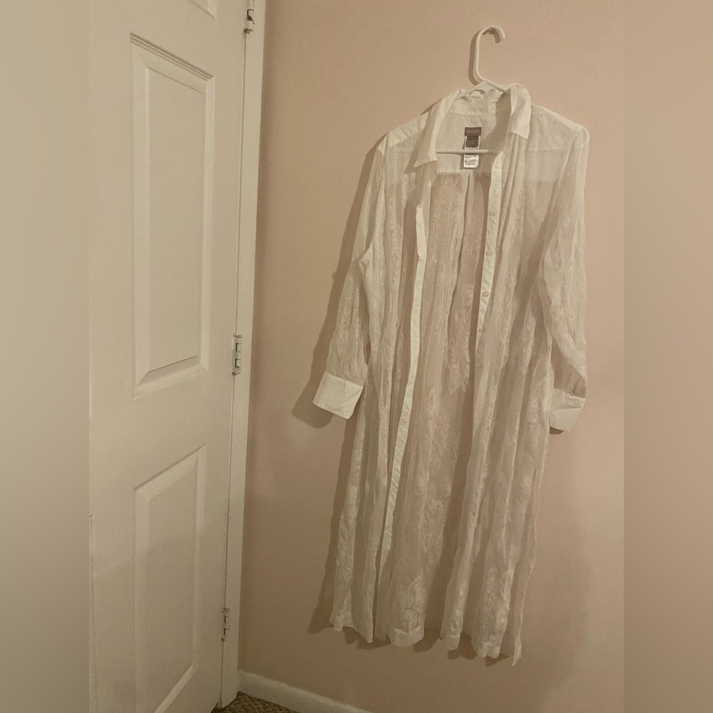 Chico's White Sheer Long Button-Up Duster